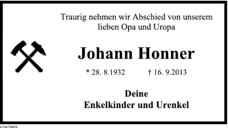  Traueranzeige für Johann Honner vom 28.09.2013 aus Deister- und Weserzeitung