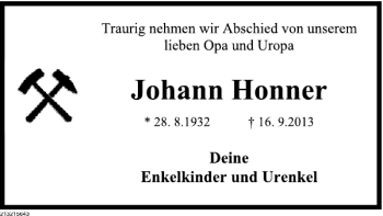 Traueranzeige von Johann Honner von Deister- und Weserzeitung