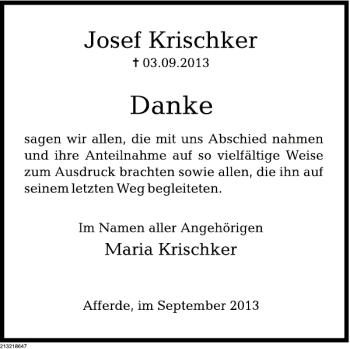 Traueranzeige von Josef Krischker von Deister- und Weserzeitung