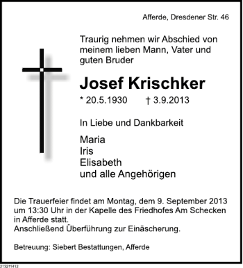 Traueranzeige von Josef Krischker von Deister- und Weserzeitung