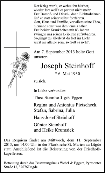 Traueranzeige von Joseph Steinhoff von Deister- und Weserzeitung
