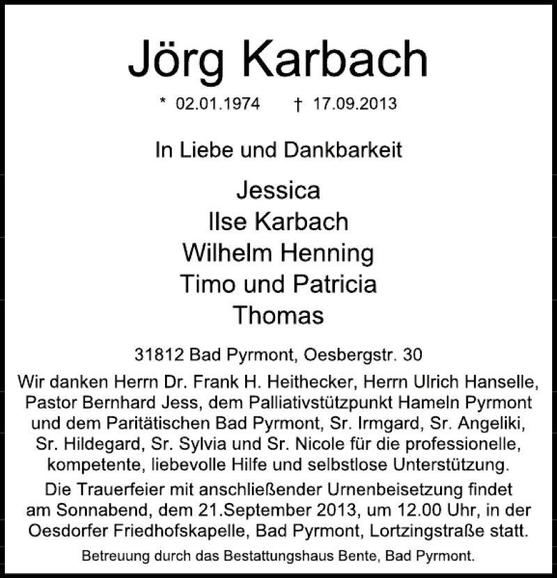 Traueranzeige für Jörg Karbach vom 20.09.2013 aus Deister- und Weserzeitung
