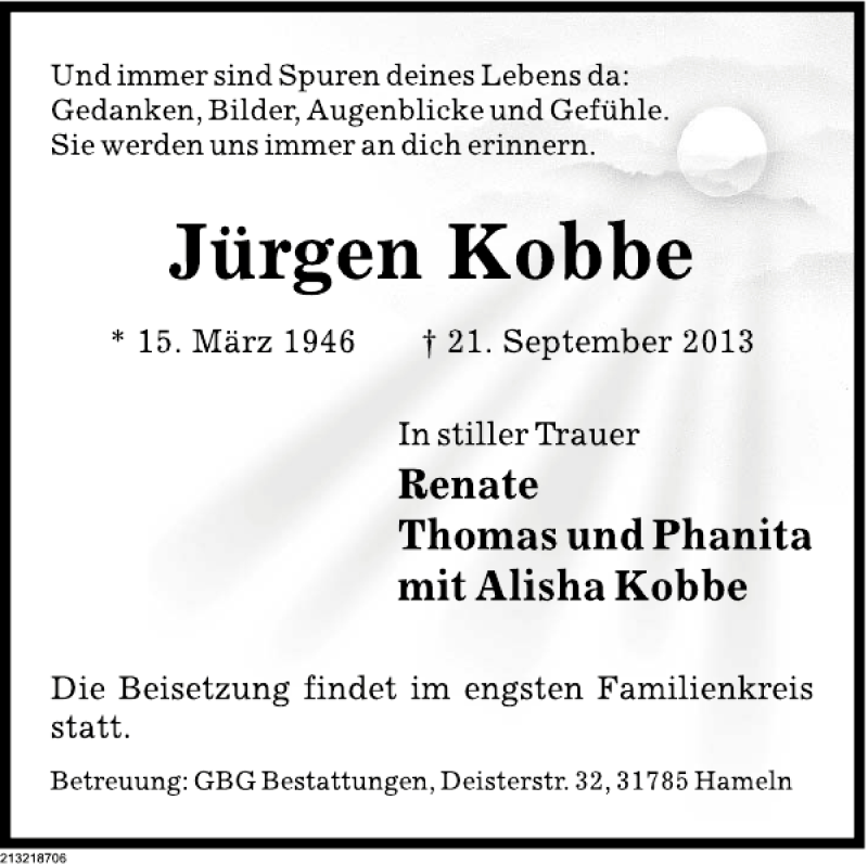  Traueranzeige für Jürgen Kobbe vom 28.09.2013 aus Deister- und Weserzeitung
