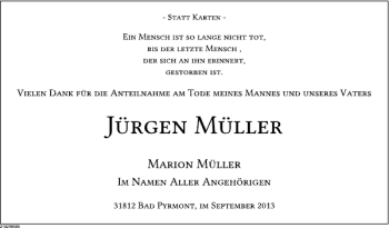 Traueranzeige von Jürgen Müller von Deister- und Weserzeitung