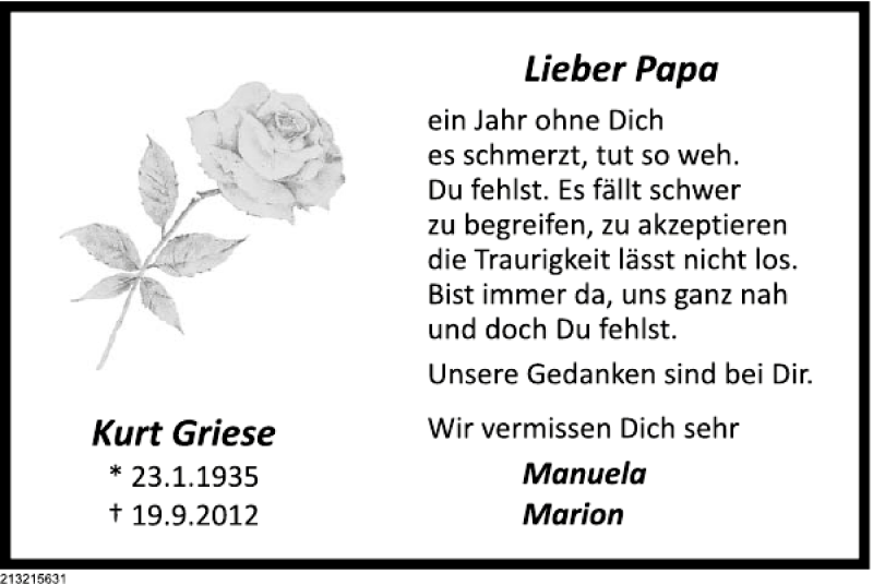  Traueranzeige für Kurt Griese vom 19.09.2013 aus Deister- und Weserzeitung