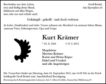 Traueranzeige von Kurt Krämer von Deister- und Weserzeitung