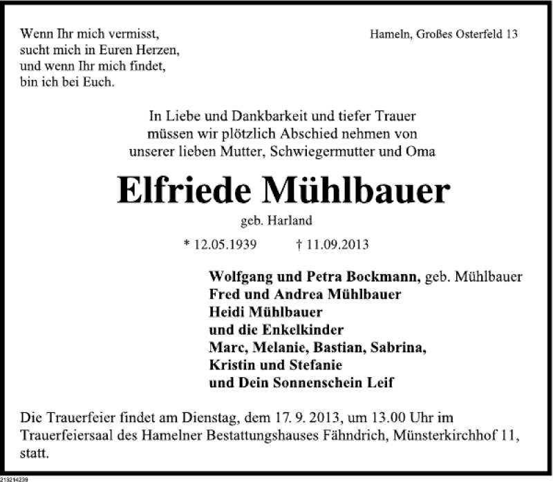  Traueranzeige für Kurt Mühlbauer vom 14.09.2013 aus Deister- und Weserzeitung