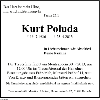 Traueranzeige von Kurt Poluda von Deister- und Weserzeitung