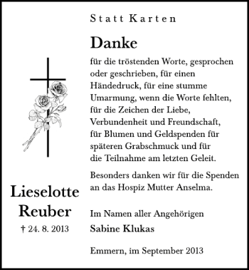 Traueranzeige von Lieselotte Reuber von Deister- und Weserzeitung