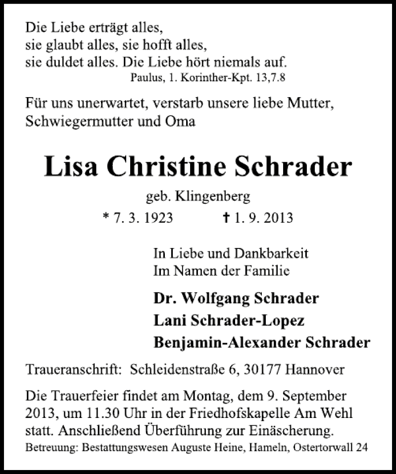  Traueranzeige für Lisa Christina Schrader vom 07.09.2013 aus Deister- und Weserzeitung