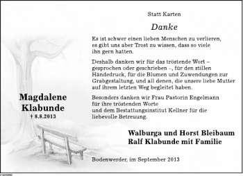 Traueranzeige von Magdalene Klabunde von Deister- und Weserzeitung