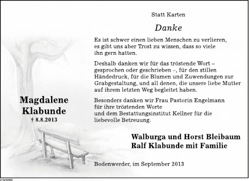  Traueranzeige für Magdalene Klabunde vom 14.09.2013 aus Deister- und Weserzeitung