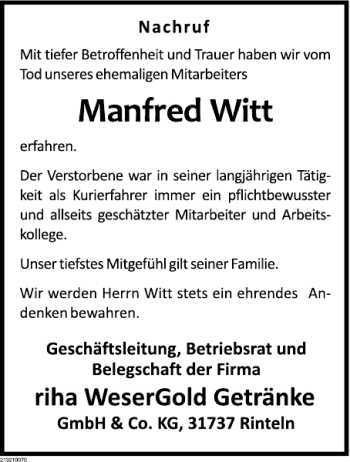 Traueranzeige von Manfred Witt von Deister- und Weserzeitung