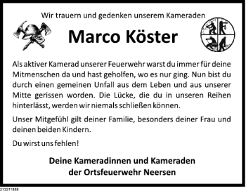 Traueranzeige von Marco Köster von Deister- und Weserzeitung