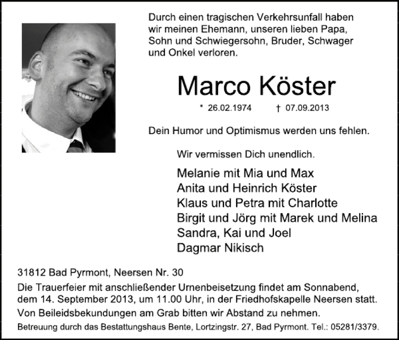  Traueranzeige für Marco Köster vom 12.09.2013 aus Deister- und Weserzeitung