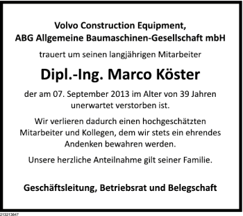 Traueranzeige von Marco Köster von Deister- und Weserzeitung