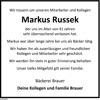 Traueranzeige von Marcus Russek von Deister- und Weserzeitung
