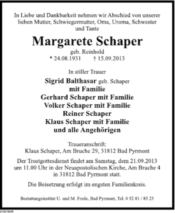 Traueranzeige von Margarete Schaper von Deister- und Weserzeitung