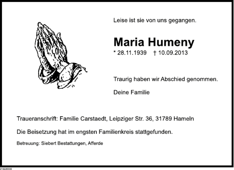  Traueranzeige für Maria Humeny vom 28.09.2013 aus Deister- und Weserzeitung