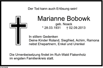 Traueranzeige von Marianne Bobowk von Deister- und Weserzeitung