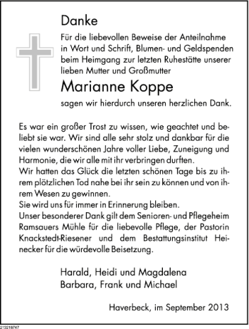 Traueranzeige von Marianne Koppe von Deister- und Weserzeitung