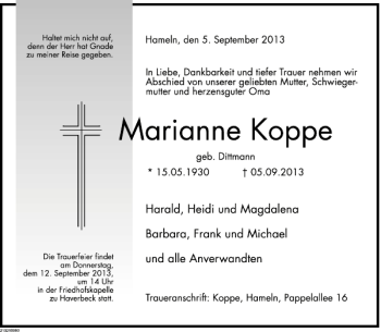 Traueranzeige von Marianne Koppe von Deister- und Weserzeitung
