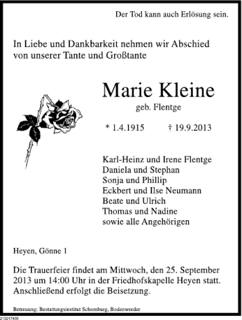 Traueranzeige von Marie Kleine von Deister- und Weserzeitung