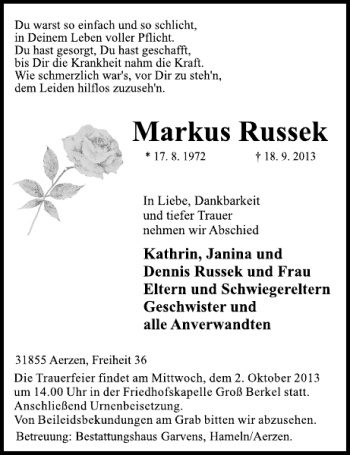 Traueranzeige von Markus Russek von Deister- und Weserzeitung