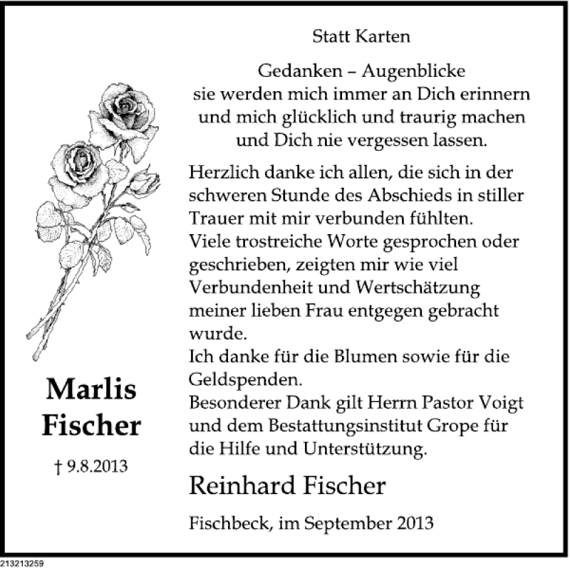  Traueranzeige für Marlis Fischer vom 14.09.2013 aus Deister- und Weserzeitung