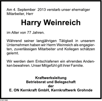 Traueranzeige von Nachruf Harry Weinreich von Deister- und Weserzeitung