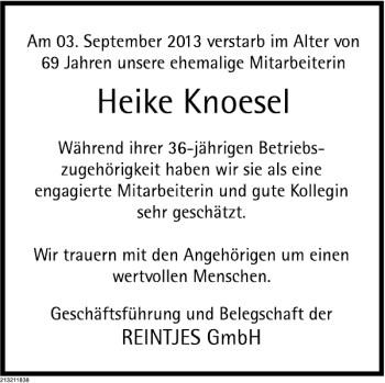 Traueranzeige von Nachruf Heike Knoesel von Deister- und Weserzeitung