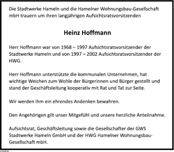 Traueranzeige von Nachruf Heinz Hoffmann von Deister- und Weserzeitung