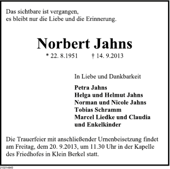 Traueranzeige von Norbert Jahns von Deister- und Weserzeitung