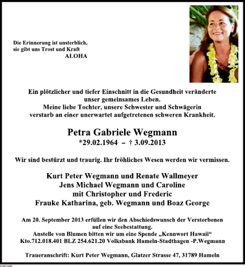  Traueranzeige für Petra Gabriele Wegmann vom 07.09.2013 aus Deister- und Weserzeitung
