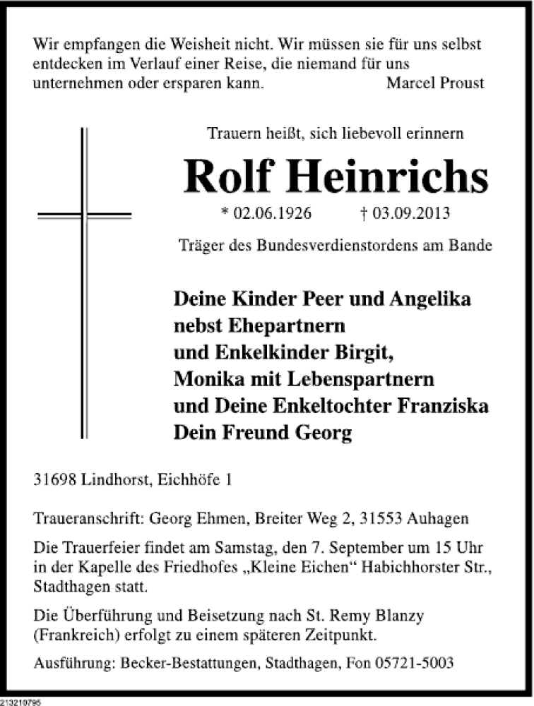  Traueranzeige für Rolf Heinrichs vom 06.09.2013 aus Deister- und Weserzeitung