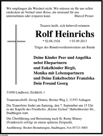 Traueranzeige von Rolf Heinrichs von Deister- und Weserzeitung