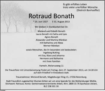 Traueranzeige von Rotraud Bonath von Deister- und Weserzeitung