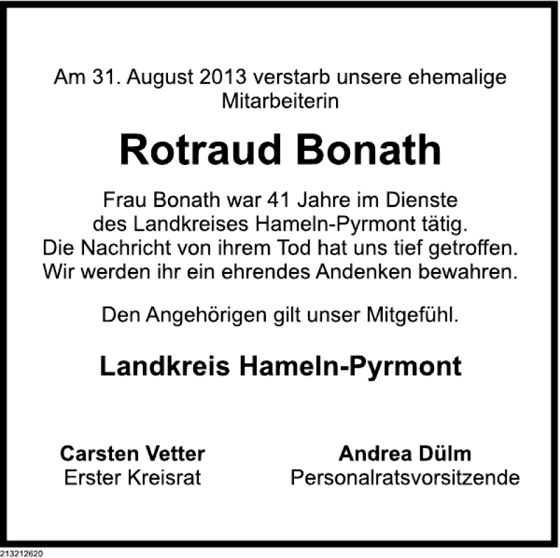  Traueranzeige für Rotraud Bonath vom 11.09.2013 aus Deister- und Weserzeitung