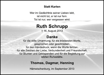 Traueranzeige von Ruth Schrupp von Deister- und Weserzeitung