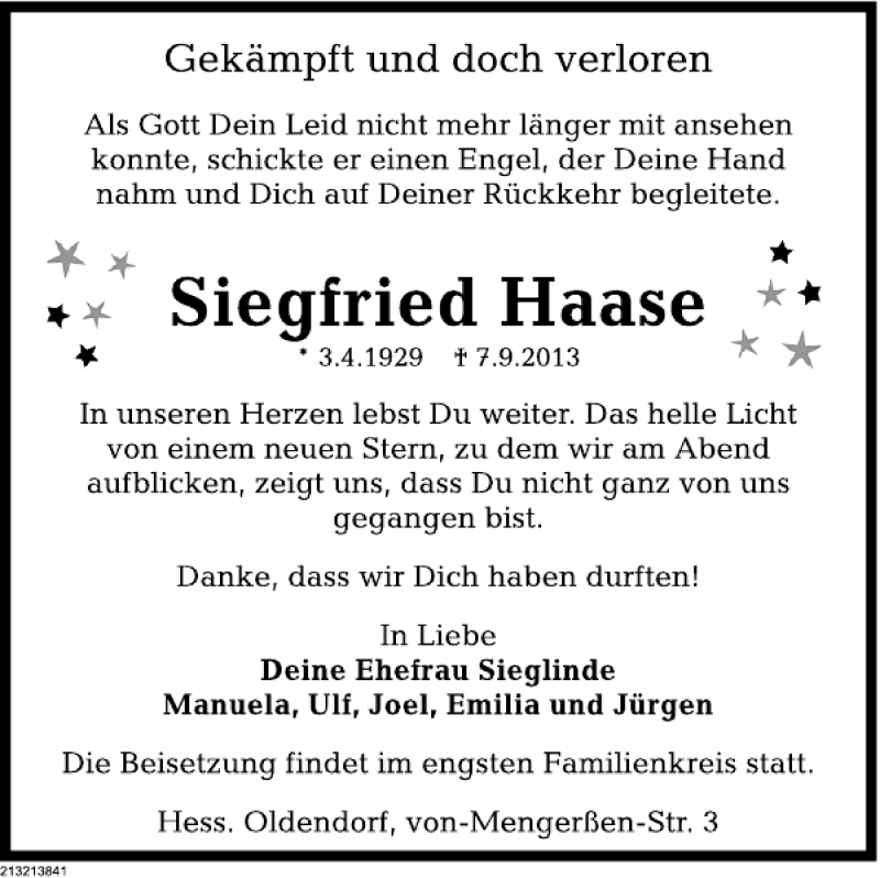  Traueranzeige für Siegfried Haase vom 14.09.2013 aus Deister- und Weserzeitung