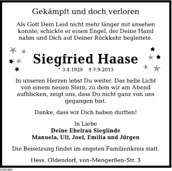 Traueranzeige von Siegfried Haase von Deister- und Weserzeitung