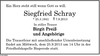 Traueranzeige von Siegfried Schray von Deister- und Weserzeitung
