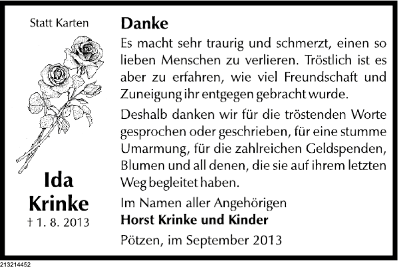  Traueranzeige für TD Ida Krinke vom 14.09.2013 aus Deister- und Weserzeitung