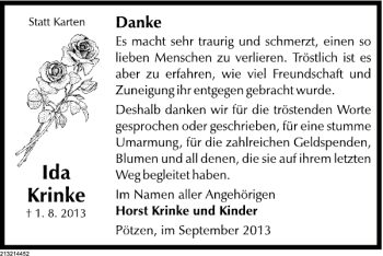 Traueranzeige von TD Ida Krinke von Deister- und Weserzeitung