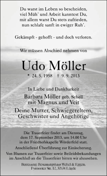 Traueranzeige von Udo Möller von Deister- und Weserzeitung