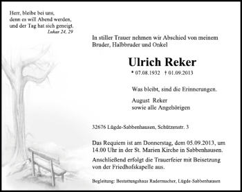Traueranzeige von Ulrich Reker von Deister- und Weserzeitung