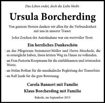 Traueranzeige von Ursula Borcherding von Neue Deister-Zeitung