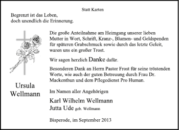 Traueranzeige von Ursula Wellmann von Deister- und Weserzeitung