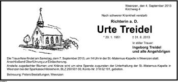 Traueranzeige von Urte Treidel von Deister- und Weserzeitung