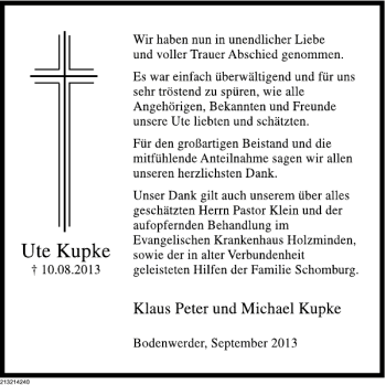 Traueranzeige von Ute Kupke von Deister- und Weserzeitung